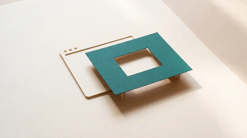 A teal paper sheet with a window cut out, lifted over a cream paper browser window.