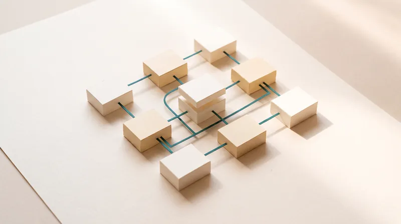 Cream paper blocks laid out in a grid on a paper sheet, joined by thin teal paper lines like a system diagram.