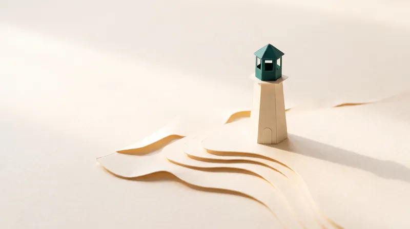A small cream paper lighthouse with a teal lantern room, standing on a layered cream paper shoreline shaped like gentle waves.
