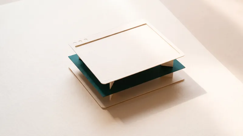 Three stacked paper layers held apart by small folded spacers: a cream browser window sheet on top, a teal sheet in the middle and a cream base below.
