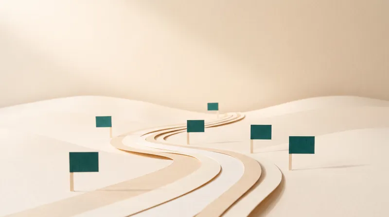 A winding path of layered cream paper strips crossing gentle paper hills, with small teal paper flags placed along the way.