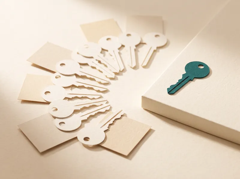 A fan of copied paper keys next to a single teal key set apart.