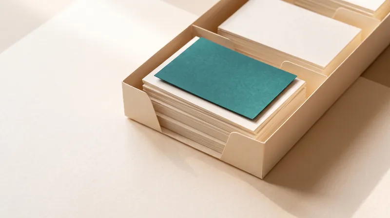 A cream paper desk tray with compartments of neatly stacked blank cream cards, and one teal card lying on top of the front stack.