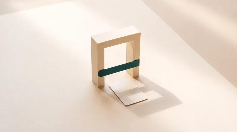 A cream paper doorway with a teal paper bar across the opening, and a small blank cream card resting on the ground just in front of it.