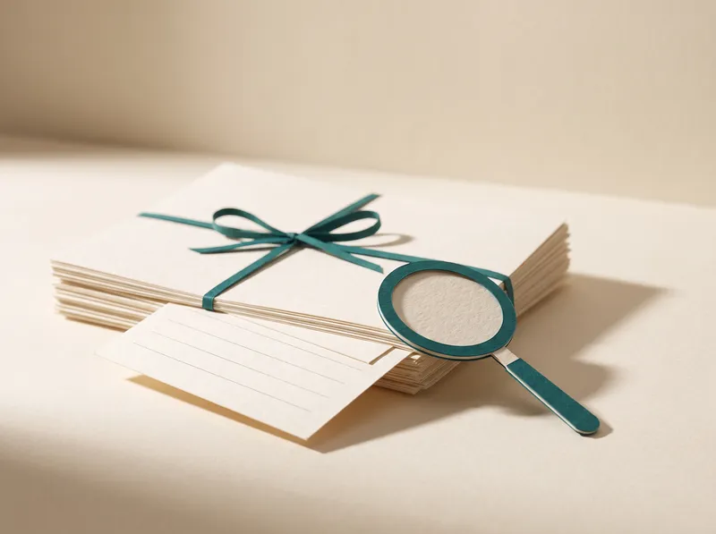 A stack of paper documents tied with a teal ribbon, and a paper magnifying glass.