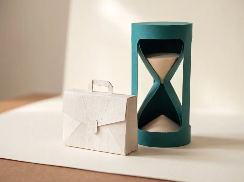 A paper briefcase next to a teal paper hourglass.
