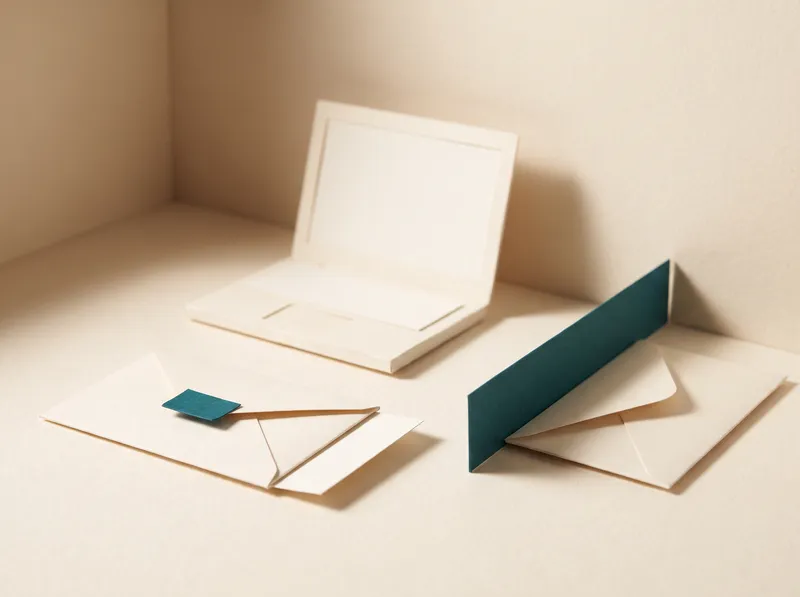 A paper laptop with one envelope passing freely and another stopped by a teal barrier.